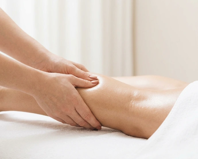Massage drainant et drainage lymphatique à Serre Chevalier — mains pratiquant un massage drainant sur une jambe, dans un cadre apaisant et minimaliste.